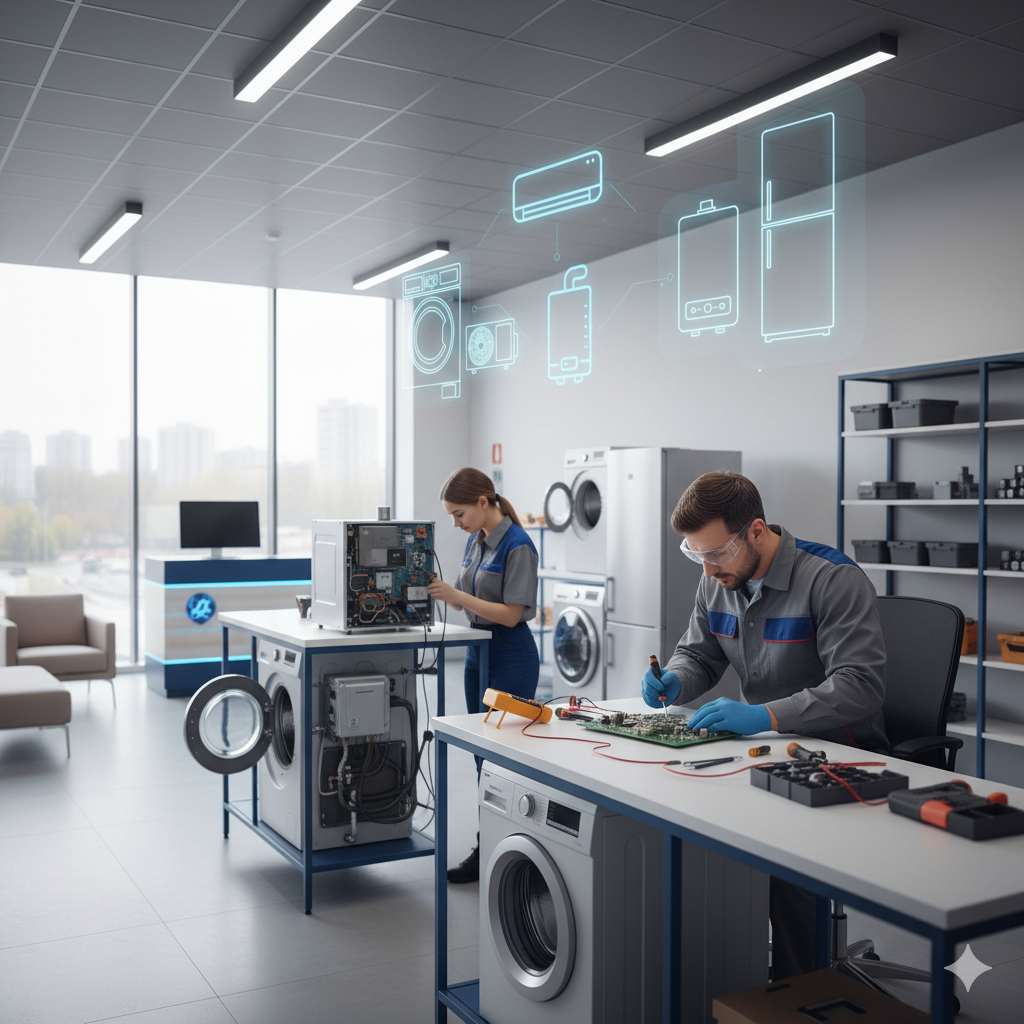 Фотография чистой мастерской с высокоточным оборудованием для ремонта электроники